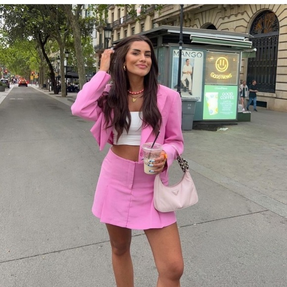 hot zara pieces matching set pink crop blazer and mini skirt